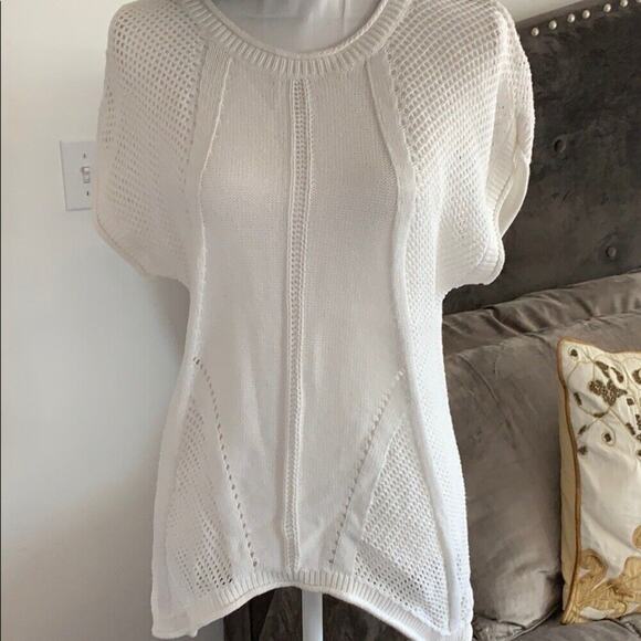 White Ivory Knit Asymmetrical Round Neck Short Sleeve Sweater S - Picture 2 of 6